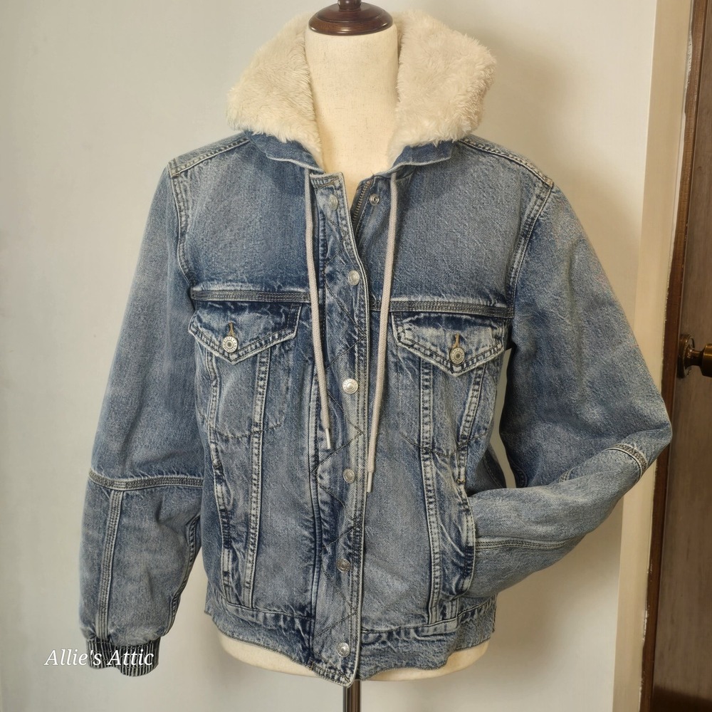 American Eagle Distressed‎ Denim Blue Jean Jacket Coat Lined Heavy Hoodie Small
